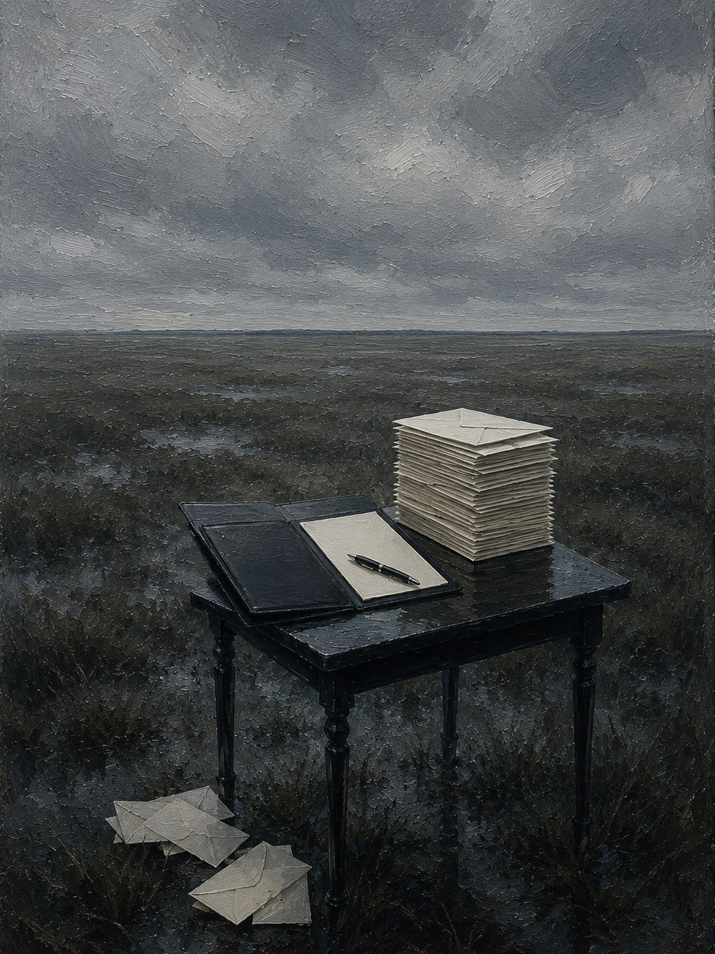 A bill folio and a stack of invoices on a table in an empty field