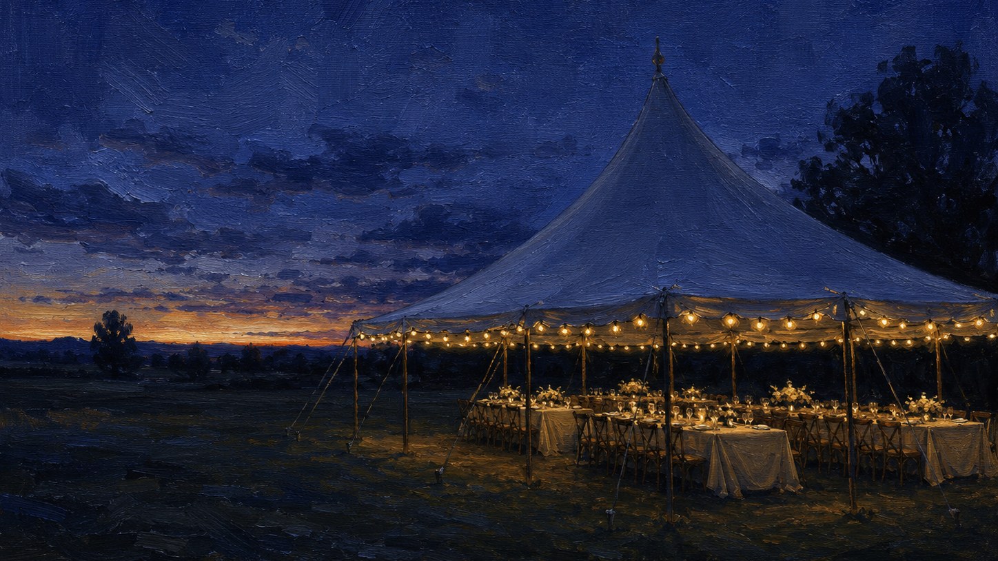 A dressed event setup under a lit marquee at dusk