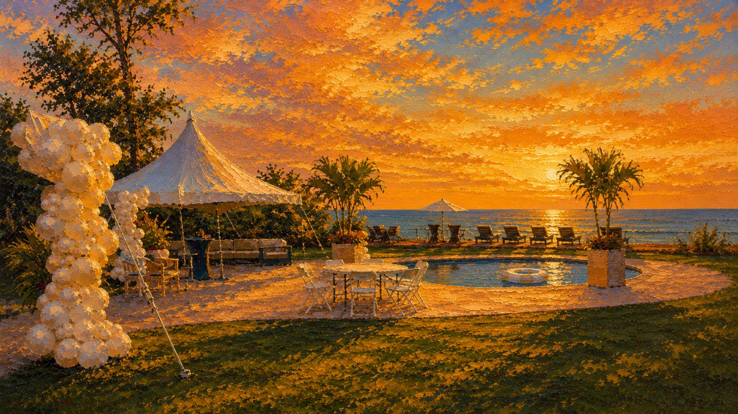 A white peaked party tent and a balloon arch on a lawn beside a small pool, with the sun setting over the sea