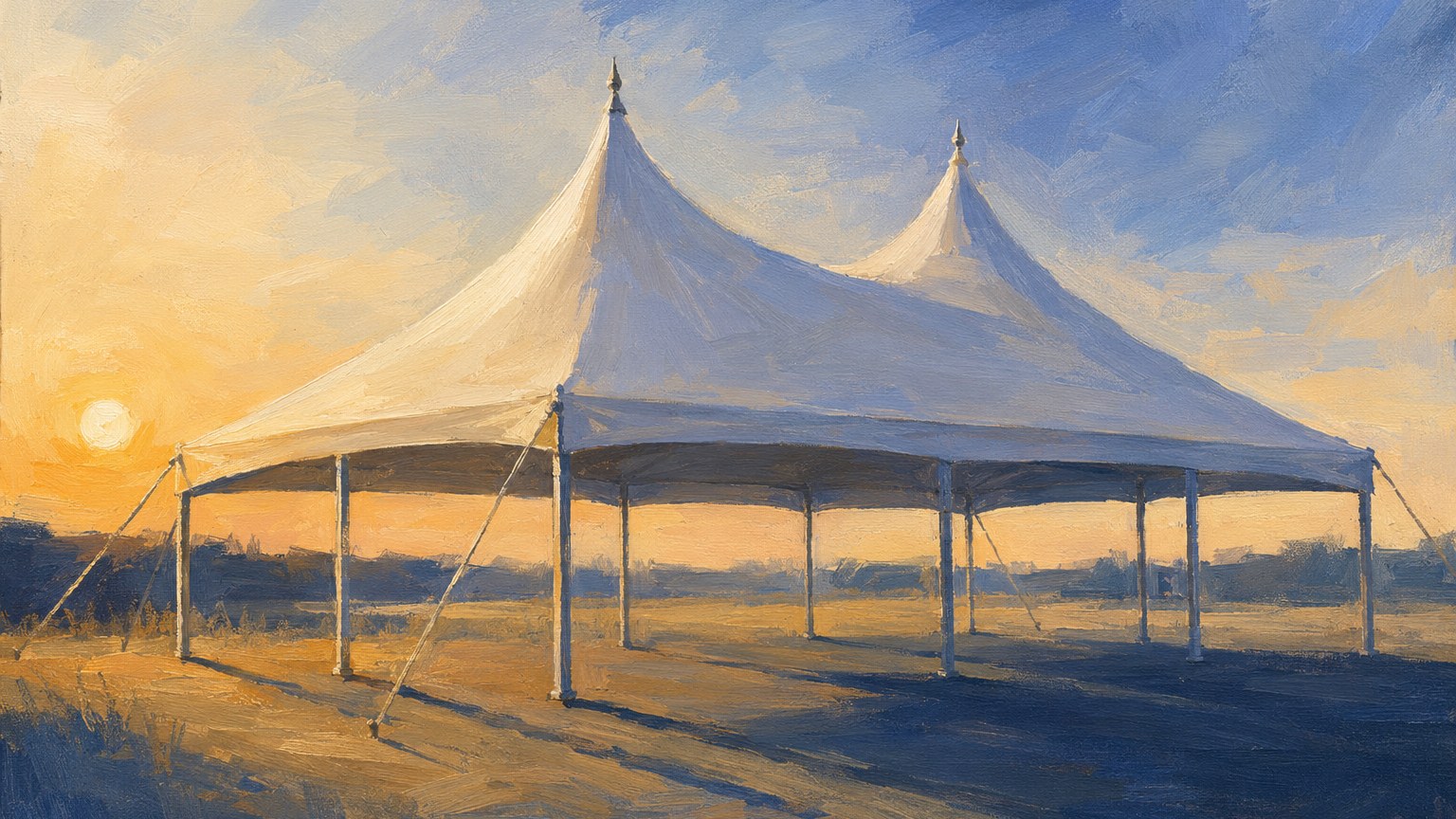 A twin-peaked white event marquee standing in an open field with the sun low behind it