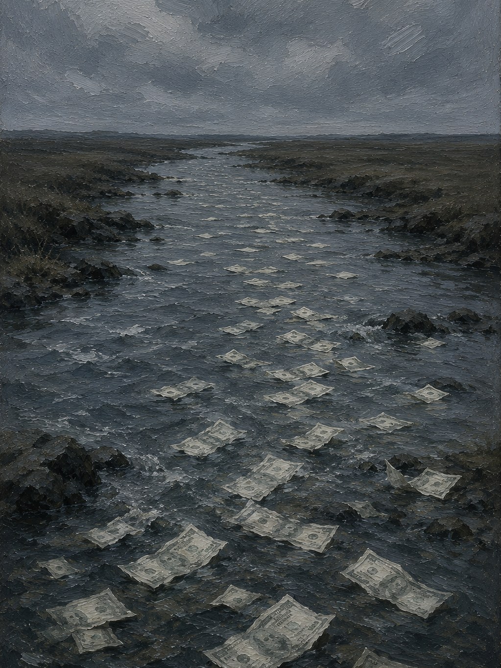 Banknotes carried away down a river under a grey sky
