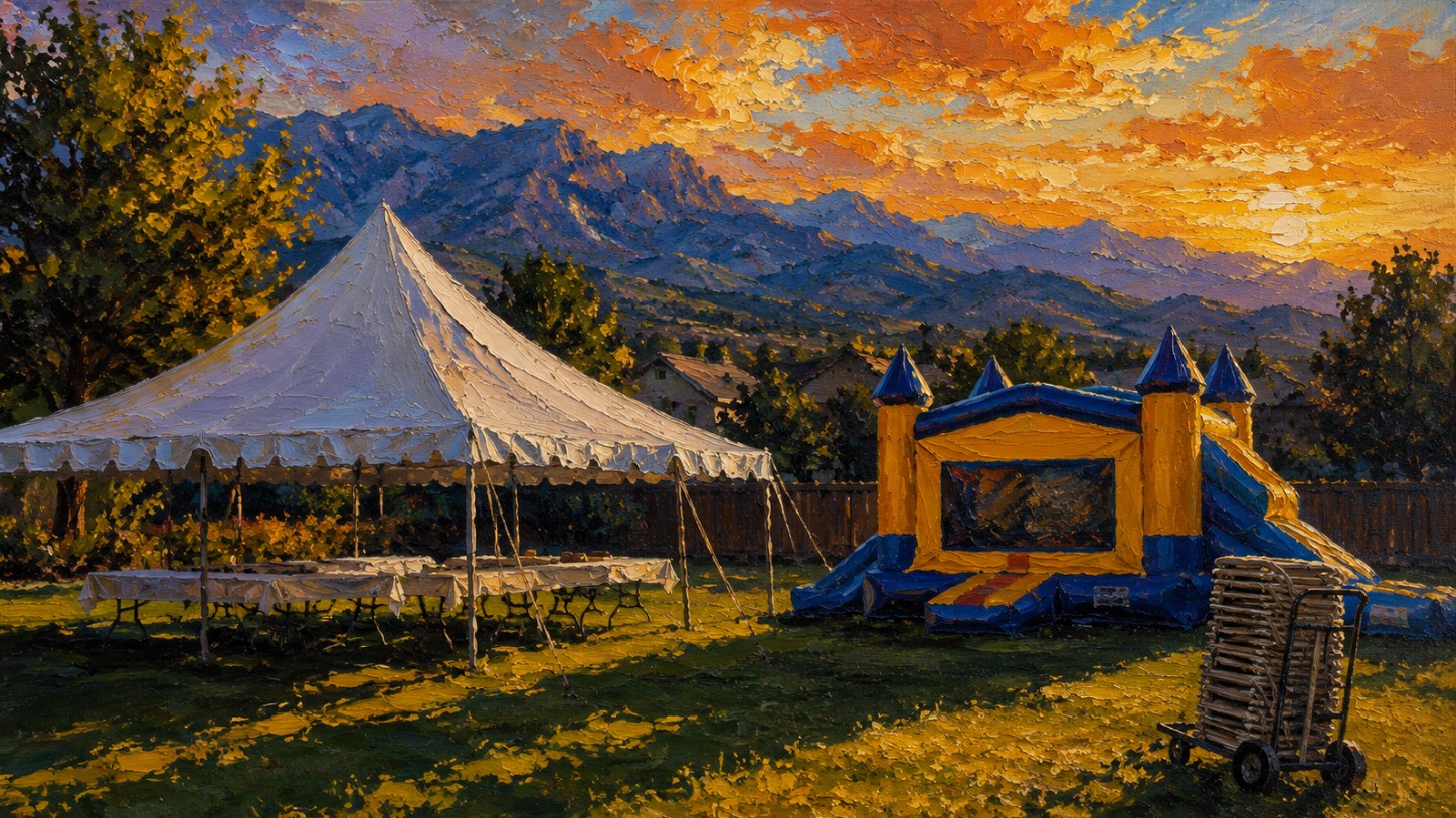 A frame tent and a bounce house set up on a lawn below the Colorado foothills at sunset