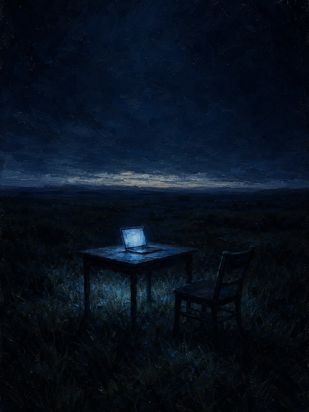 A laptop glowing alone on a desk in a dark field at night